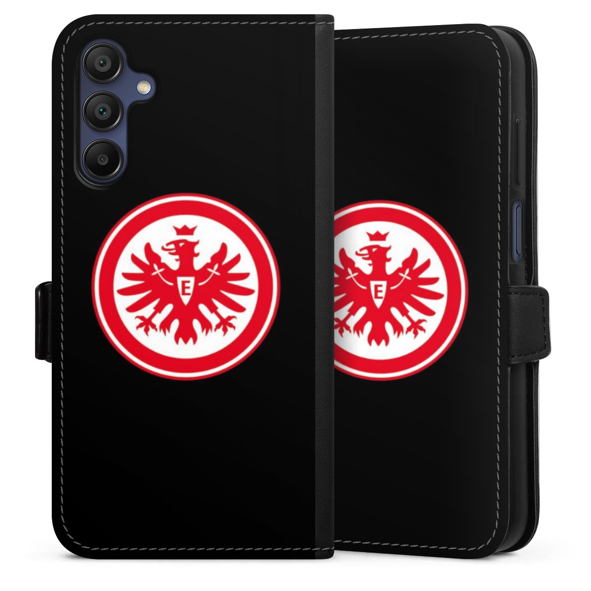 Galaxy A15 5G Handy Klapphülle Handyhülle aus Kunst Leder schwarz Flip Case Eintracht Frankfurt Sge Eagle Sideflip mit Lasche