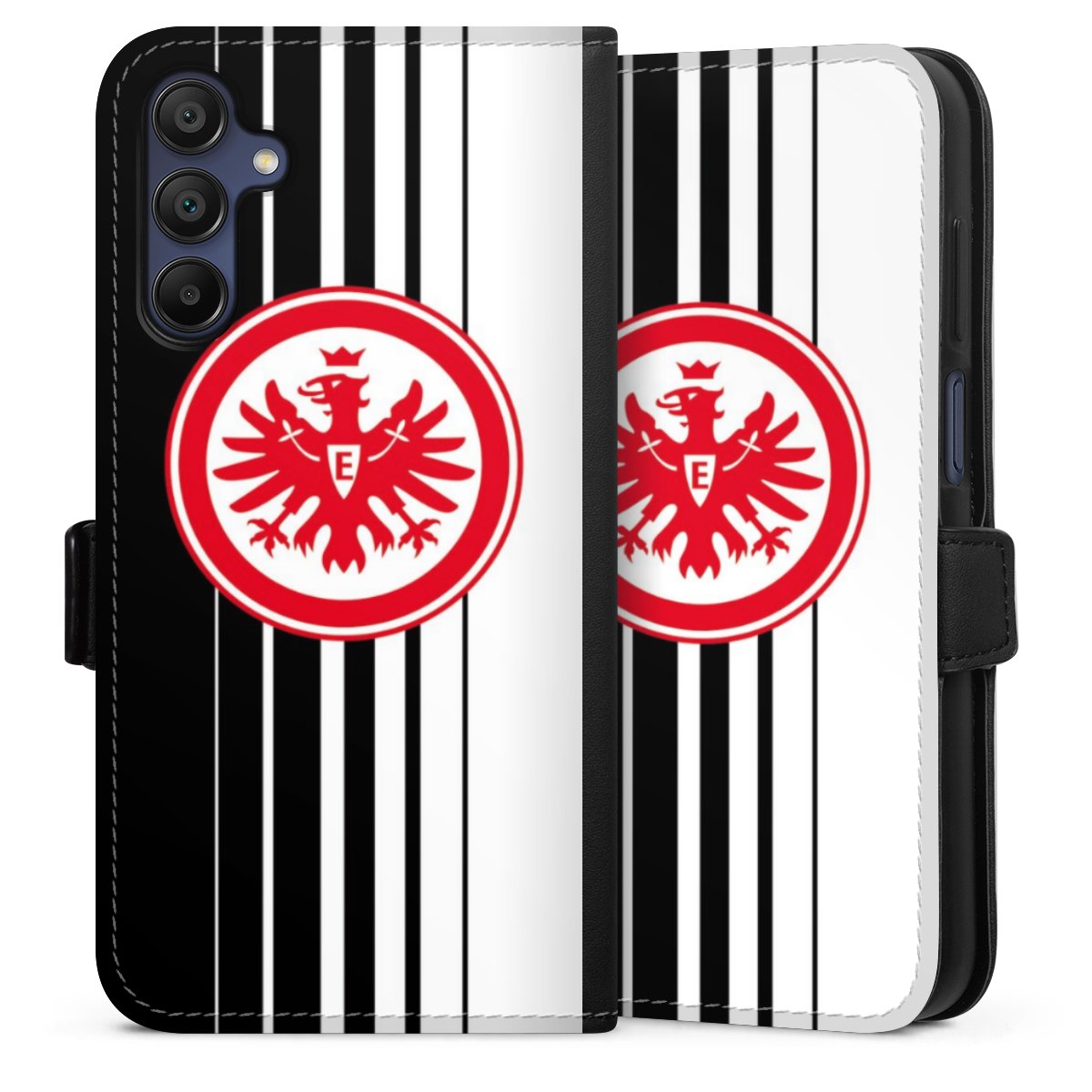 Galaxy A15 5G Handy Klapphülle Handyhülle aus Kunst Leder schwarz Flip Case Stripes Eintracht Frankfurt Official Licensed Product Sideflip mit Lasche