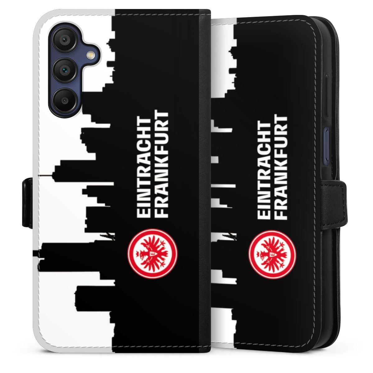 Galaxy A15 5G Handy Klapphülle Handyhülle aus Kunst Leder schwarz Flip Case Sge Eintracht Frankfurt Official Licensed Product Sideflip mit Lasche