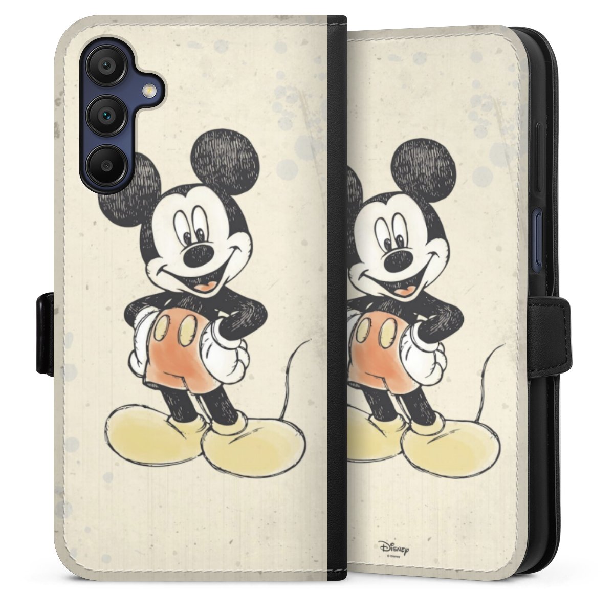 Galaxy A15 5G Handy Klapphülle Handyhülle aus Kunst Leder schwarz Flip Case Water Colour Mickey & Minnie Mouse Official Licensed Product Sideflip mit Lasche