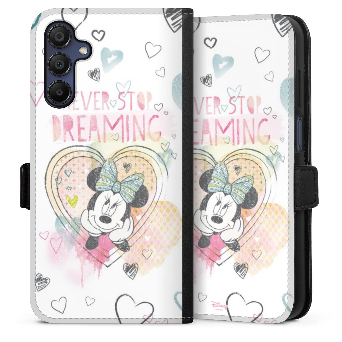 Galaxy A15 5G Handy Klapphülle Handyhülle aus Kunst Leder schwarz Flip Case Disney Official Licensed Product Minnie Mouse Sideflip mit Lasche