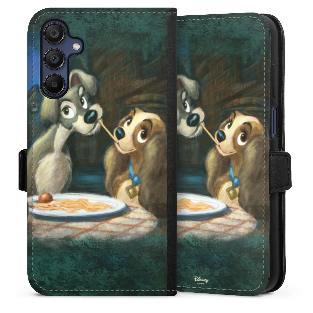 Galaxy A15 5G Handy Klapphülle Handyhülle aus Kunst Leder schwarz Flip Case Lady And The Tramp Official Licensed Product Disney Sideflip mit Lasche