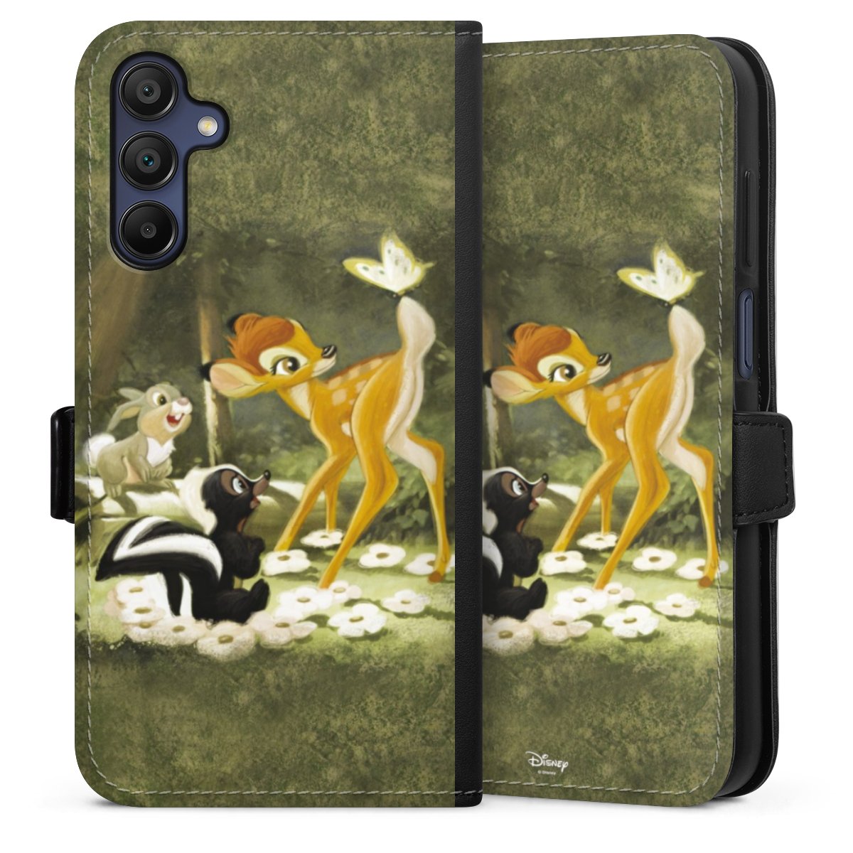 Galaxy A15 5G Handy Klapphülle Handyhülle aus Kunst Leder schwarz Flip Case Disney Official Licensed Product Bambi Sideflip mit Lasche