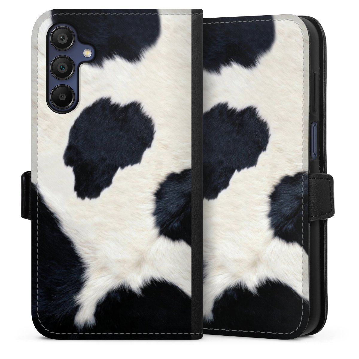 Galaxy A15 5G Handy Klapphülle Handyhülle aus Kunst Leder schwarz Flip Case Animal Look Animal Print Cow Skin Sideflip mit Lasche