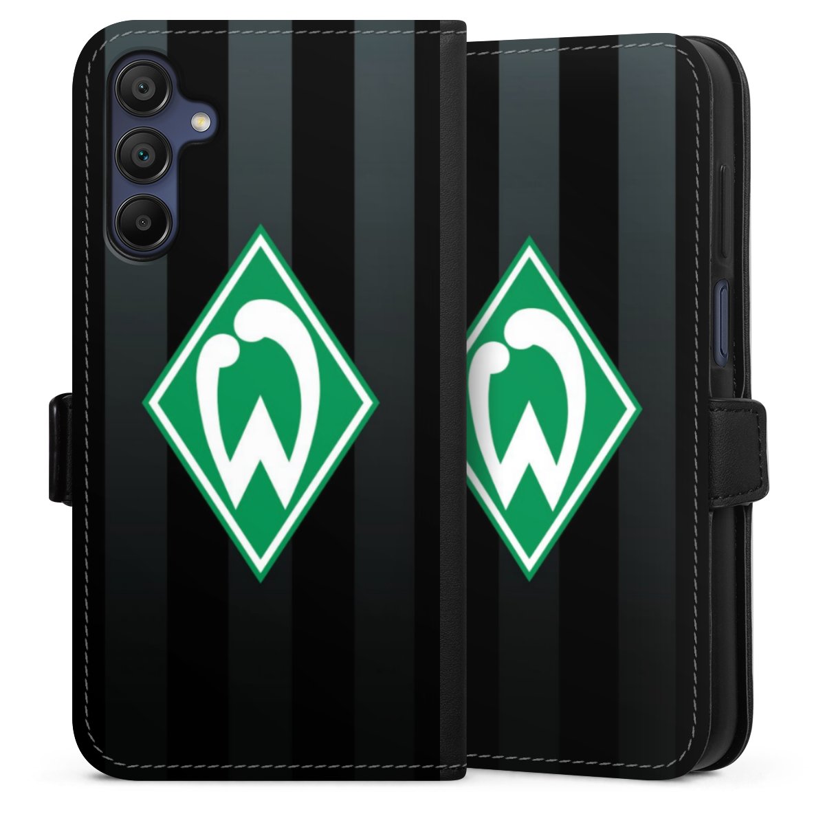 Galaxy A15 5G Handy Klapphülle Handyhülle aus Kunst Leder schwarz Flip Case Stripes Sv Werder Bremen Official Licensed Product Sideflip mit Lasche