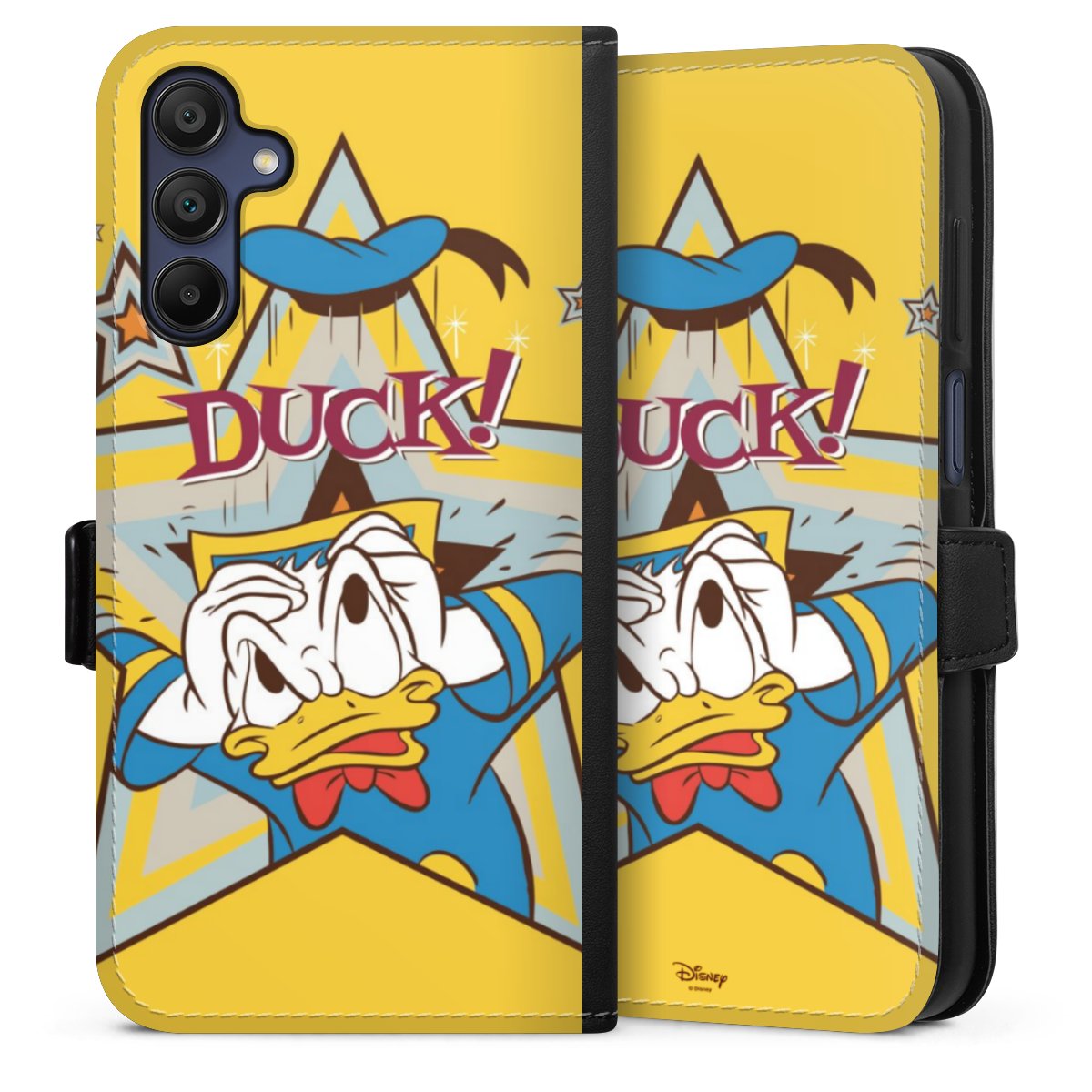 Galaxy A15 5G Handy Klapphülle Handyhülle aus Kunst Leder schwarz Flip Case Official Licensed Product Donald Duck Disney Sideflip mit Lasche