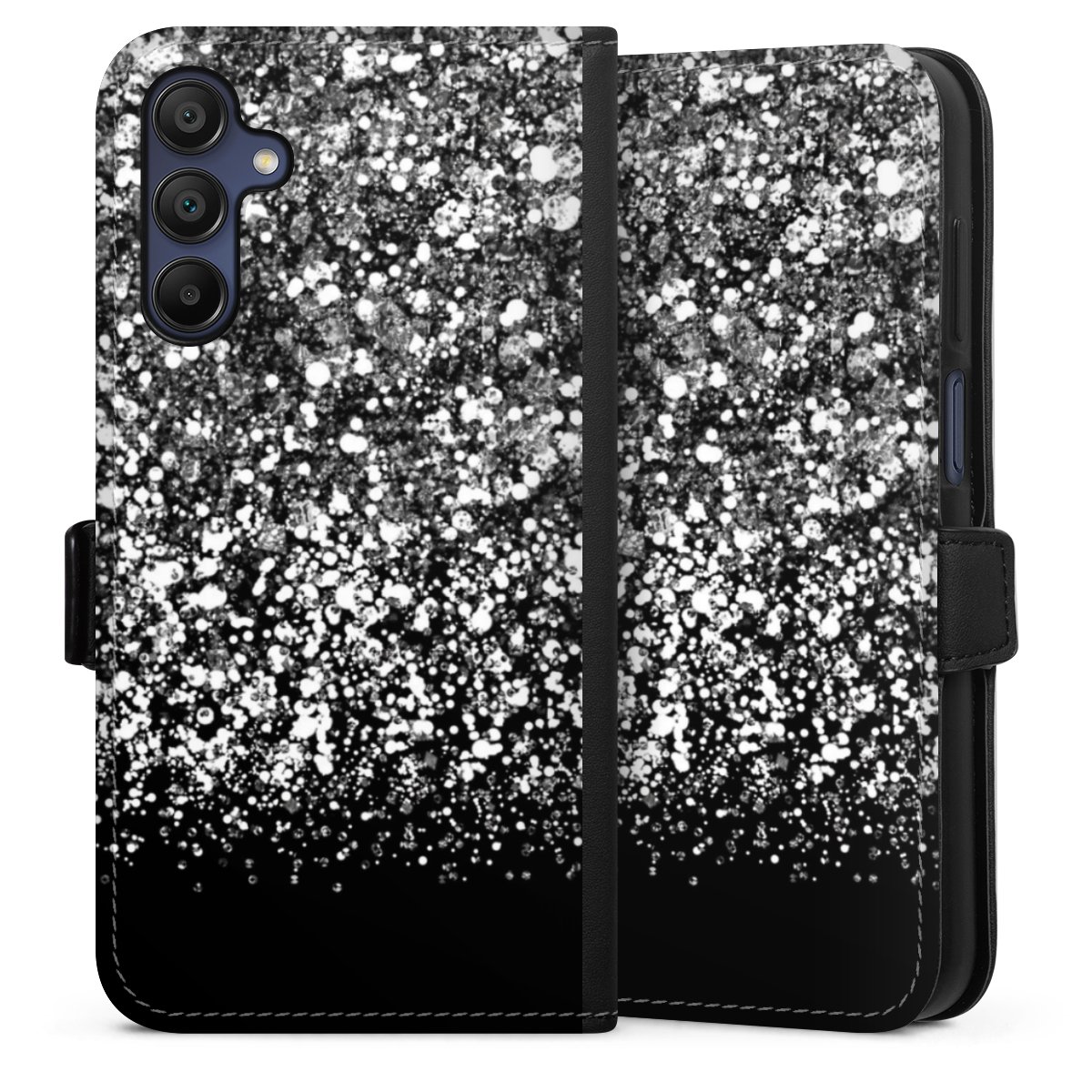 Galaxy A15 5G Handy Klapphülle Handyhülle aus Kunst Leder schwarz Flip Case Glitzer Snowflake Muster Sideflip mit Lasche