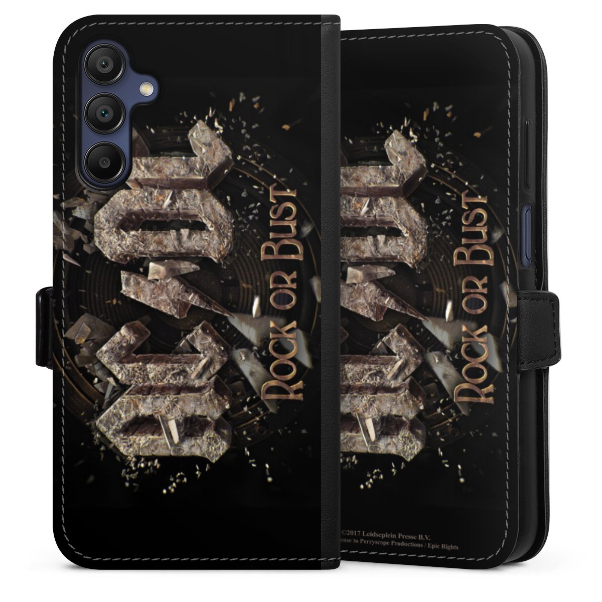 Galaxy A15 5G Handy Klapphülle Handyhülle aus Kunst Leder schwarz Flip Case Acdc Official Licensed Product Rock Or Bust Sideflip mit Lasche