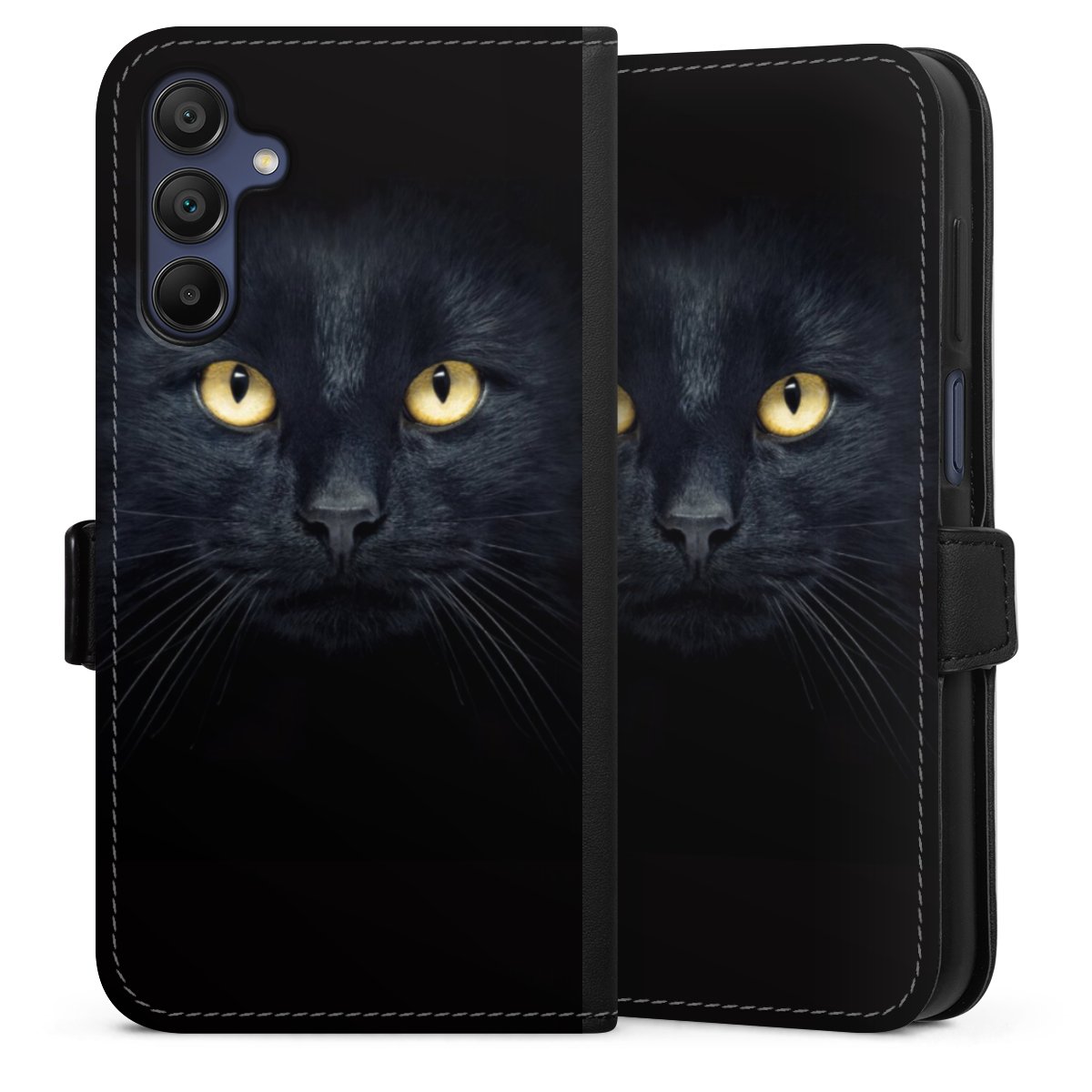 Galaxy A15 5G Handy Klapphülle Handyhülle aus Kunst Leder schwarz Flip Case Eye Cat Black Sideflip mit Lasche