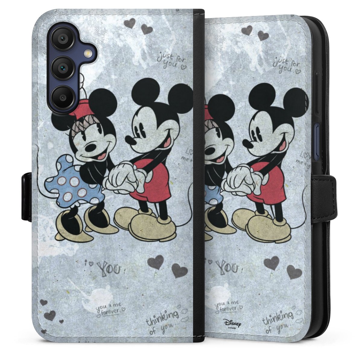 Galaxy A15 5G Handy Klapphülle Handyhülle aus Kunst Leder schwarz Flip Case Mickey & Minnie Mouse Vintage Disney Sideflip mit Lasche