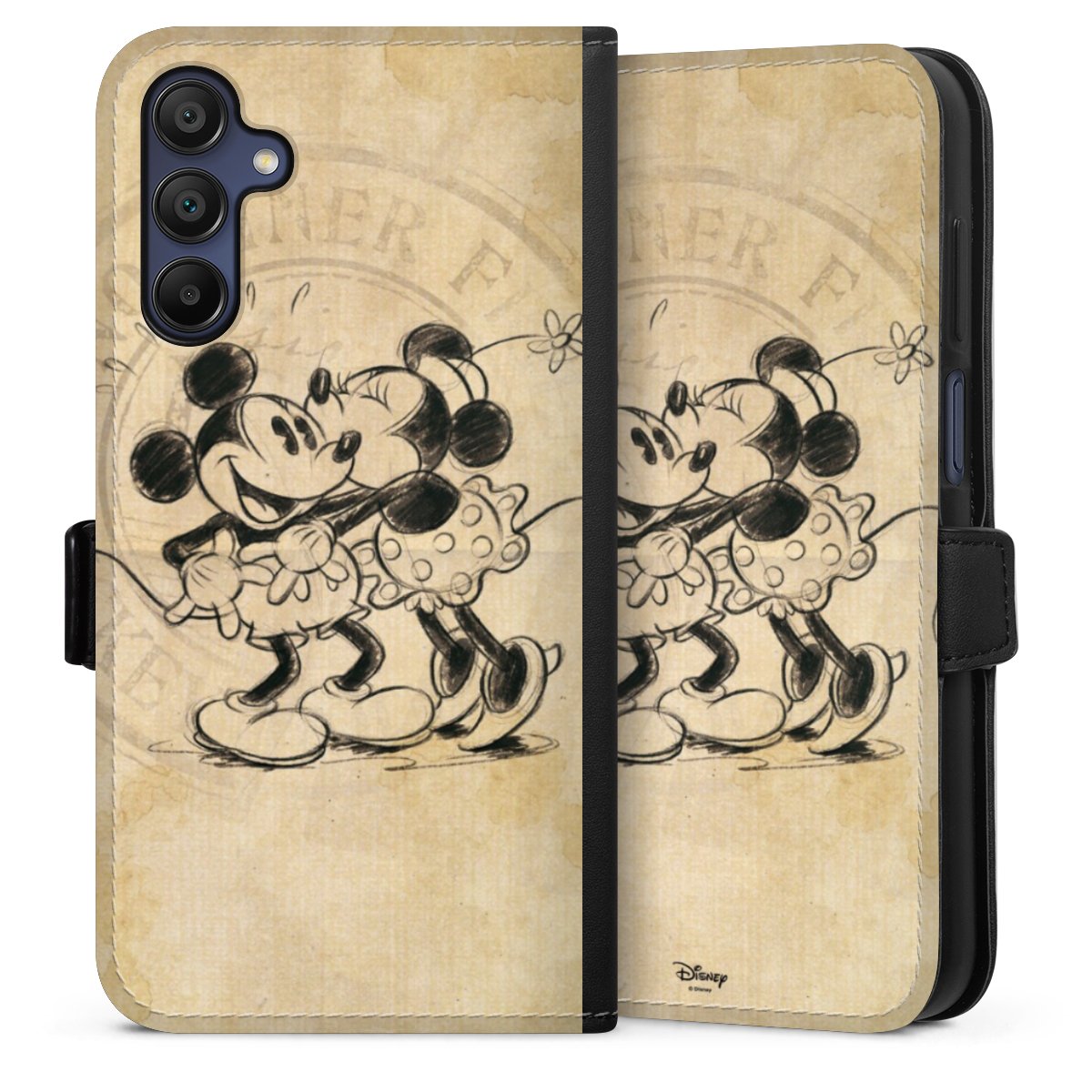 Galaxy A15 5G Handy Klapphülle Handyhülle aus Kunst Leder schwarz Flip Case Mickey Mouse Vintage Minnie Mouse Sideflip mit Lasche