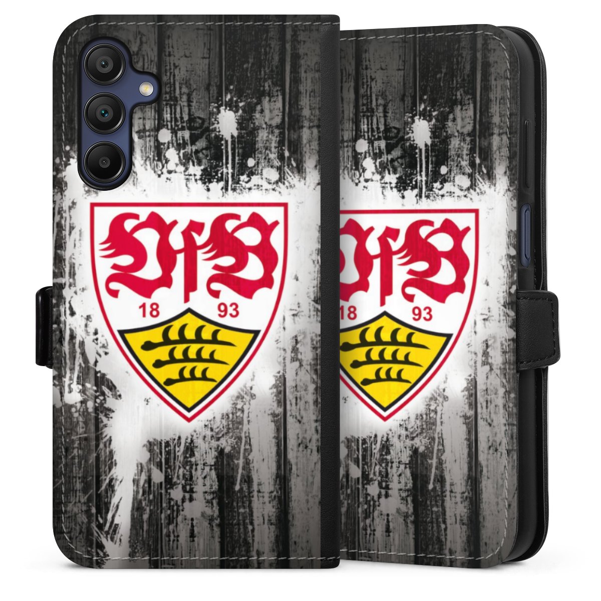 Galaxy A15 5G Handy Klapphülle Handyhülle aus Kunst Leder schwarz Flip Case Vfb Stuttgart Official Licensed Product Sideflip mit Lasche