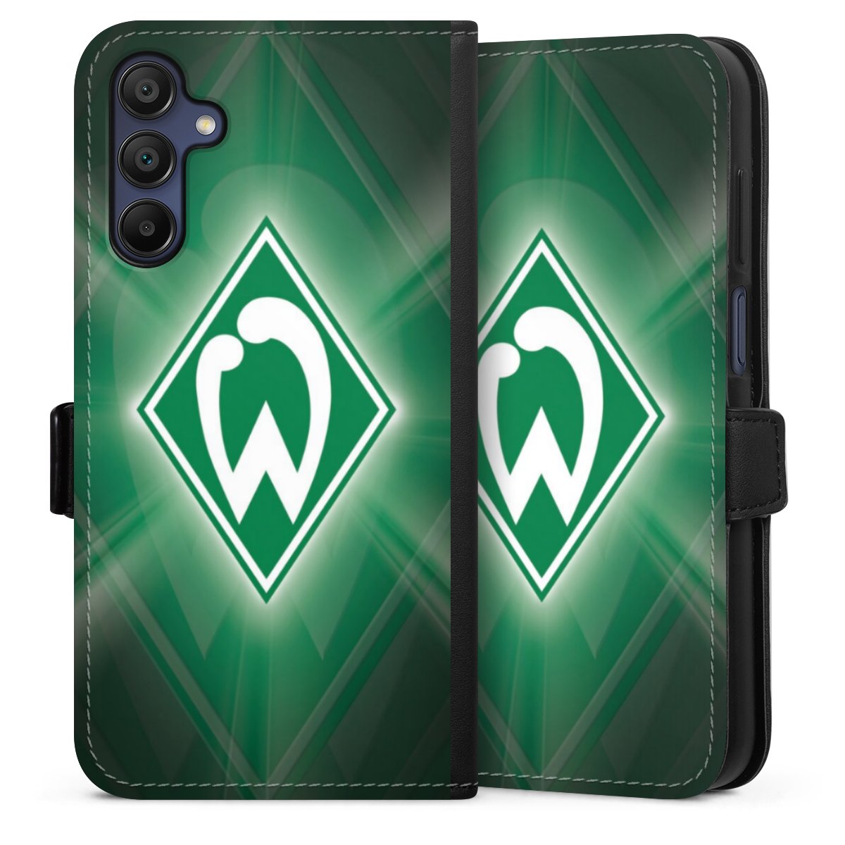 Galaxy A15 5G Handy Klapphülle Handyhülle aus Kunst Leder schwarz Flip Case Sv Werder Bremen Official Licensed Product Coat Of Arms Sideflip mit Lasche