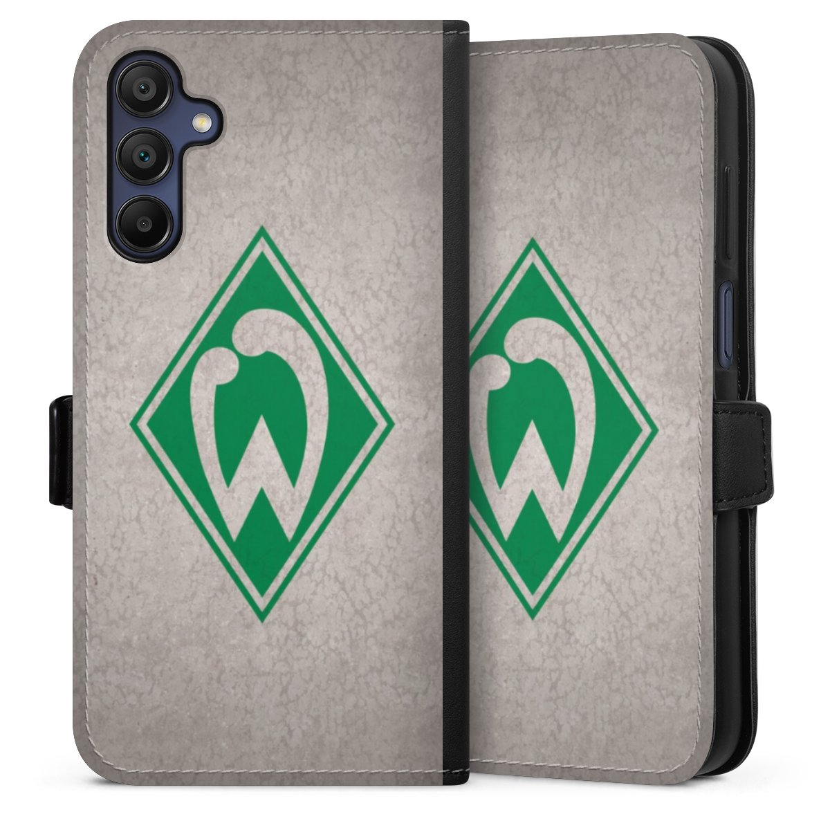 Galaxy A15 5G Handy Klapphülle Handyhülle aus Kunst Leder schwarz Flip Case Sv Werder Bremen Concrete Official Licensed Product Sideflip mit Lasche