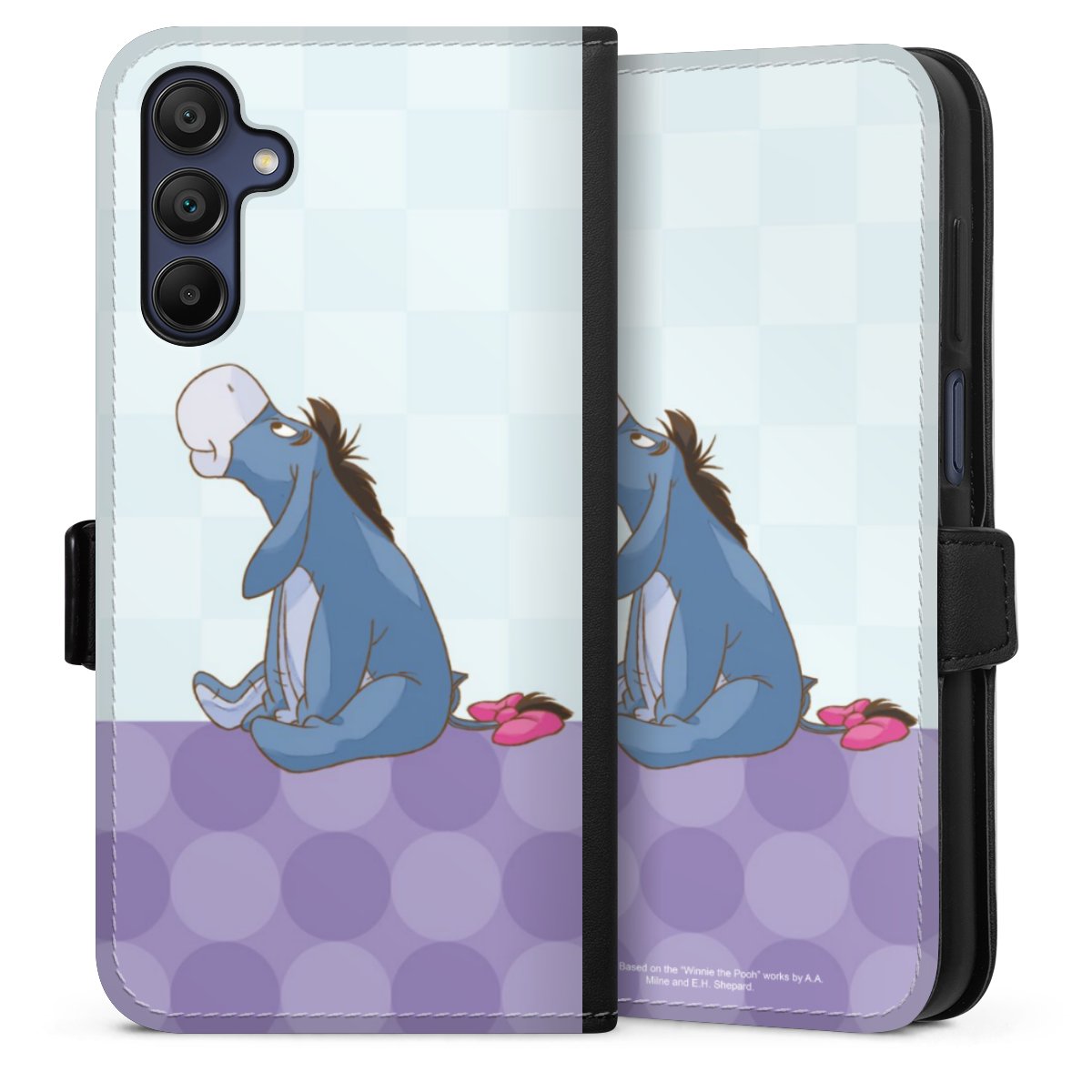 Galaxy A15 5G Handy Klapphülle Handyhülle aus Kunst Leder schwarz Flip Case Disney Donkey Winnie The Pooh Sideflip mit Lasche