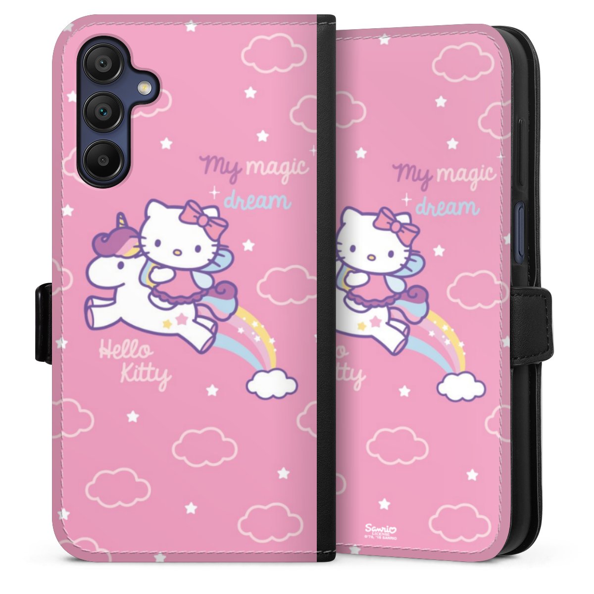 Galaxy A15 5G Handy Klapphülle Handyhülle aus Kunst Leder schwarz Flip Case Einhorn Official Licensed Product Hello Kitty Sideflip mit Lasche