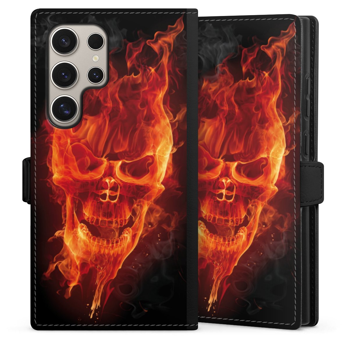 Galaxy S24 Ultra Handy Klapphülle Handyhülle aus Kunst Leder schwarz Flip Case Totenkopf Skull Fire Sideflip mit Lasche