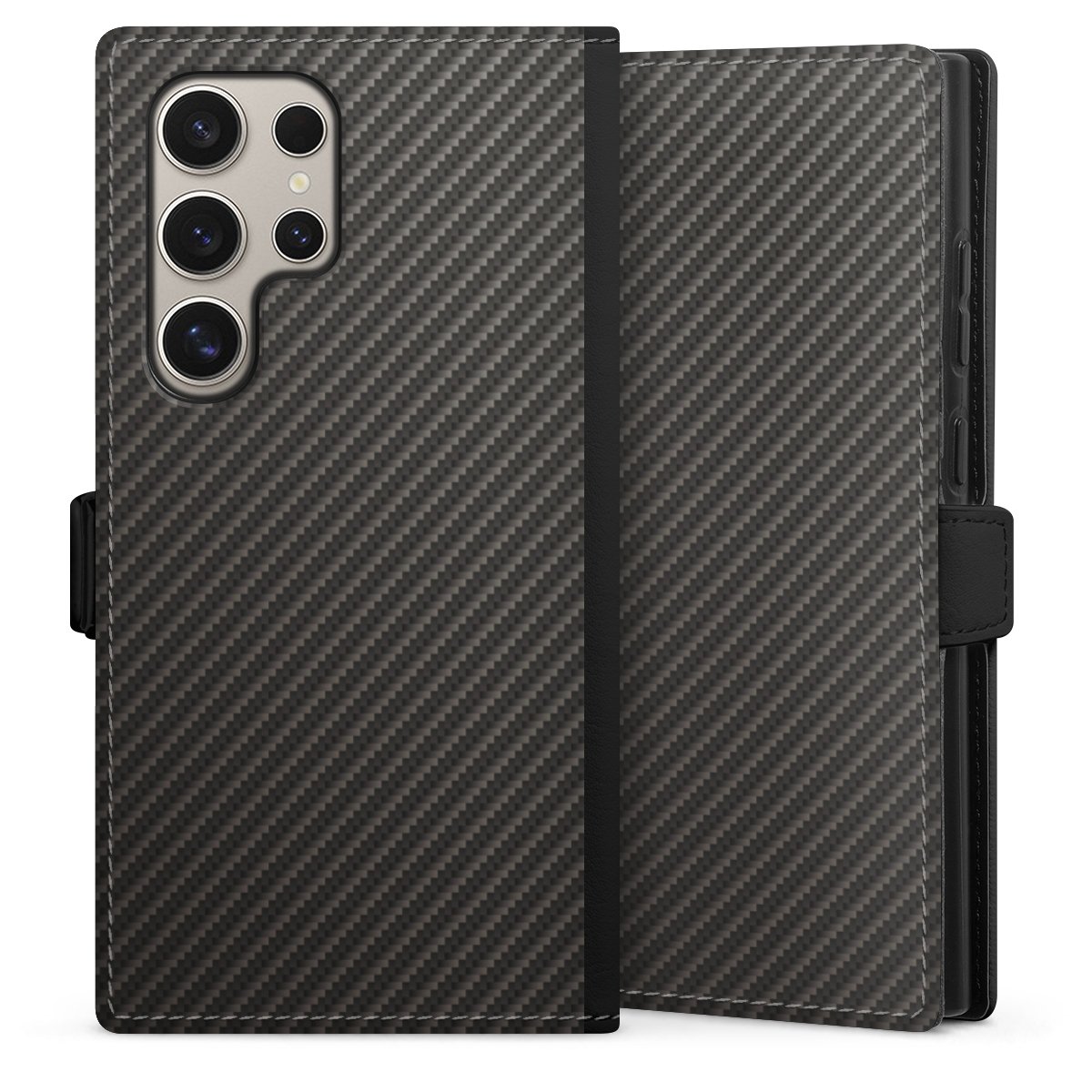 Galaxy S24 Ultra Handy Klapphülle Handyhülle aus Kunst Leder schwarz Flip Case Metallic Look Carbon Muster Sideflip mit Lasche