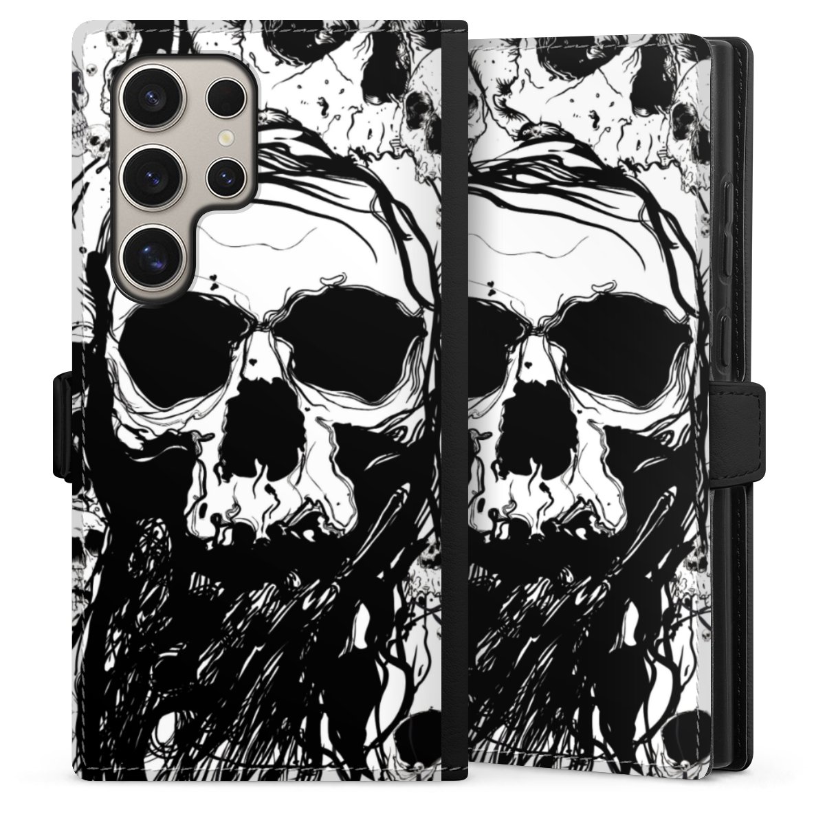 Galaxy S24 Ultra Handy Klapphülle Handyhülle aus Kunst Leder schwarz Flip Case Totenkopf Halloween Sideflip mit Lasche