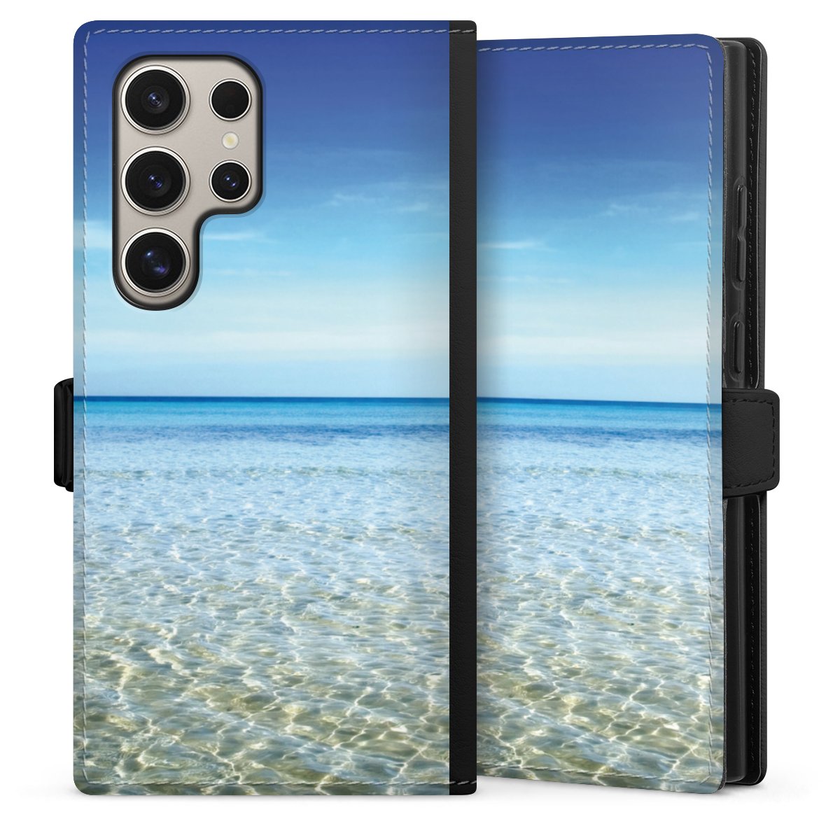 Galaxy S24 Ultra Handy Klapphülle Handyhülle aus Kunst Leder schwarz Flip Case Urlaub Sky Ocean Sideflip mit Lasche