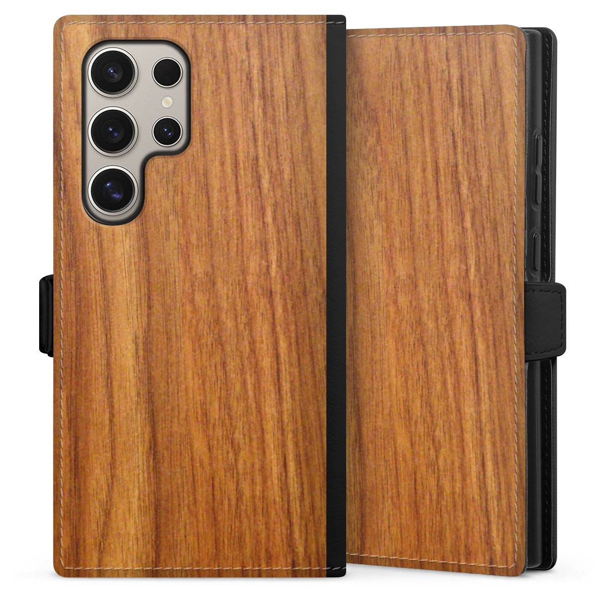 Galaxy S24 Ultra Handy Klapphülle Handyhülle aus Kunst Leder schwarz Flip Case Wood Larch Wooden Look Sideflip mit Lasche