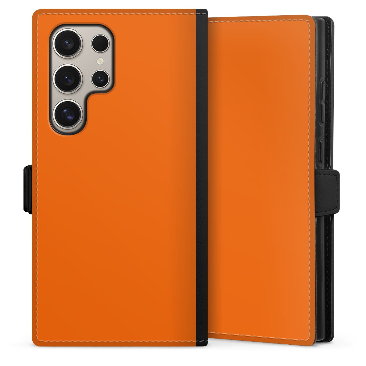 Galaxy S24 Ultra Handy Klapphülle Handyhülle aus Kunst Leder schwarz Flip Case Orange Colour Unicoloured Sideflip mit Lasche