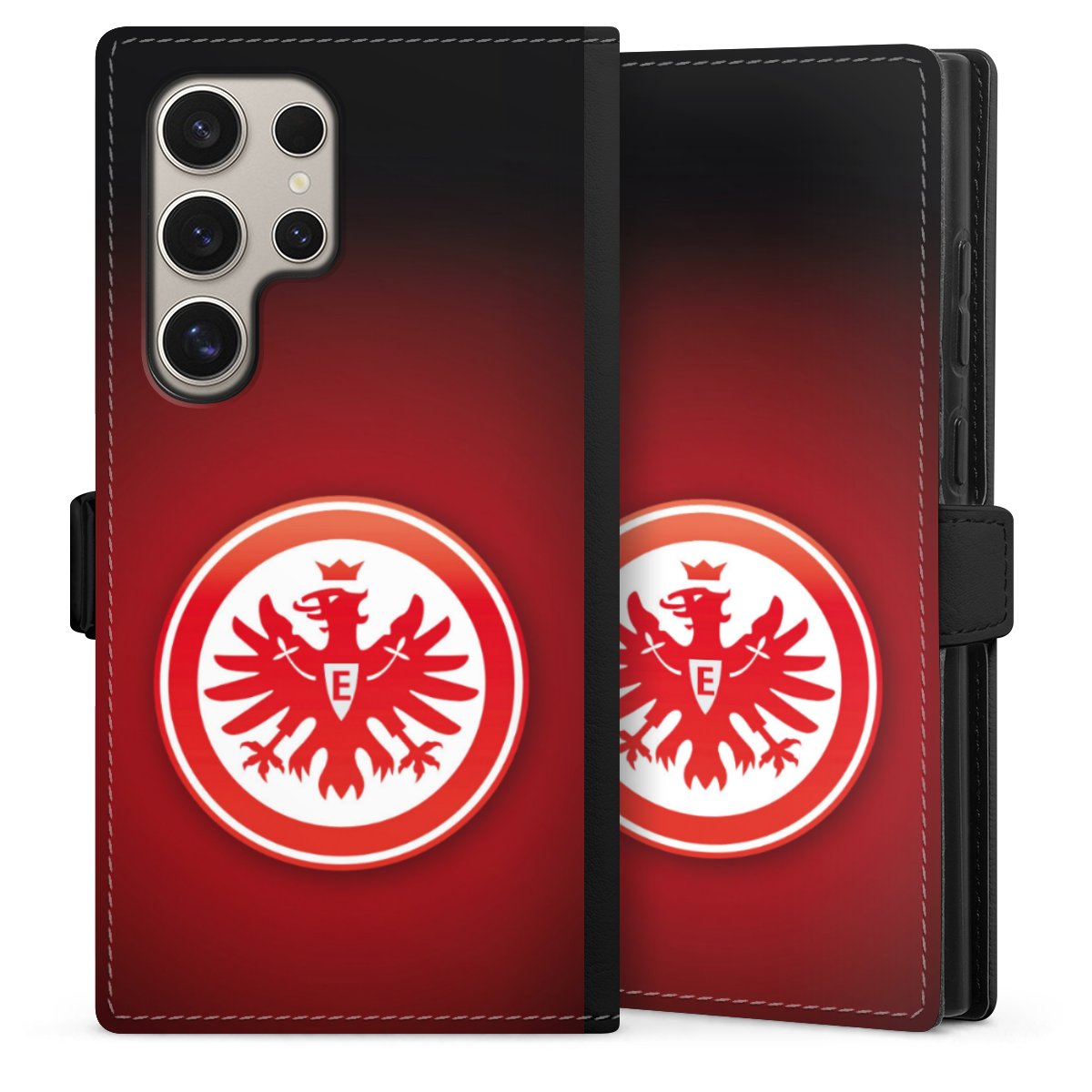 Galaxy S24 Ultra Handy Klapphülle Handyhülle aus Kunst Leder schwarz Flip Case Eintracht Frankfurt Official Licensed Product Coat Of Arms Sideflip mit Lasche