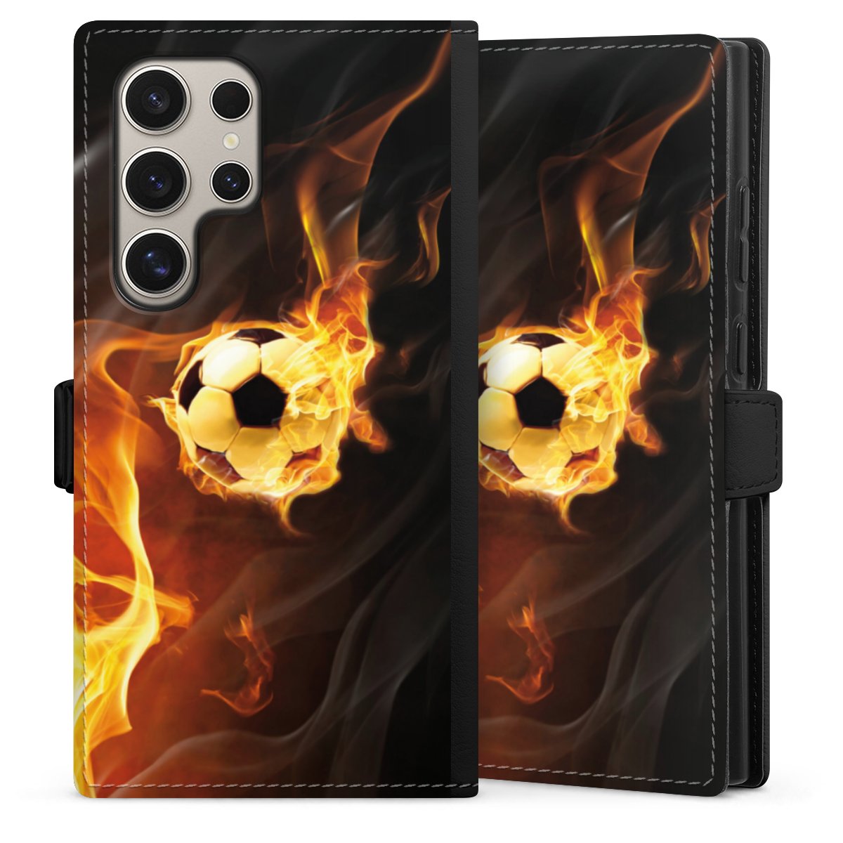 Galaxy S24 Ultra Handy Klapphülle Handyhülle aus Kunst Leder schwarz Flip Case Ball Fire Soccer Sideflip mit Lasche