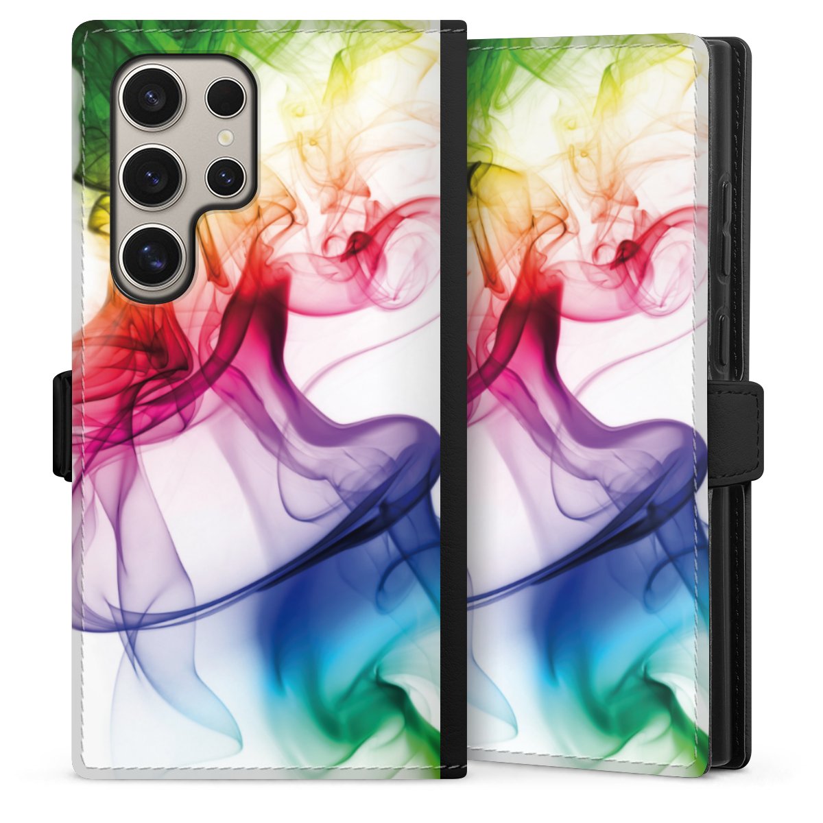 Galaxy S24 Ultra Handy Klapphülle Handyhülle aus Kunst Leder schwarz Flip Case Water Colour Rainbow Sideflip mit Lasche