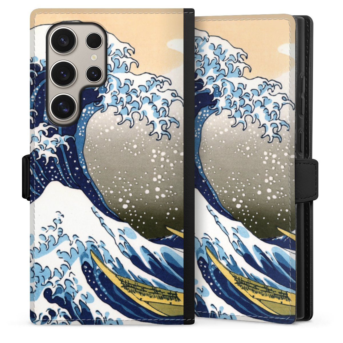 Galaxy S24 Ultra Handy Klapphülle Handyhülle aus Kunst Leder schwarz Flip Case Kunst Katsushika Hokusai Die Große Welle Vor Kanagawa Sideflip mit Lasche