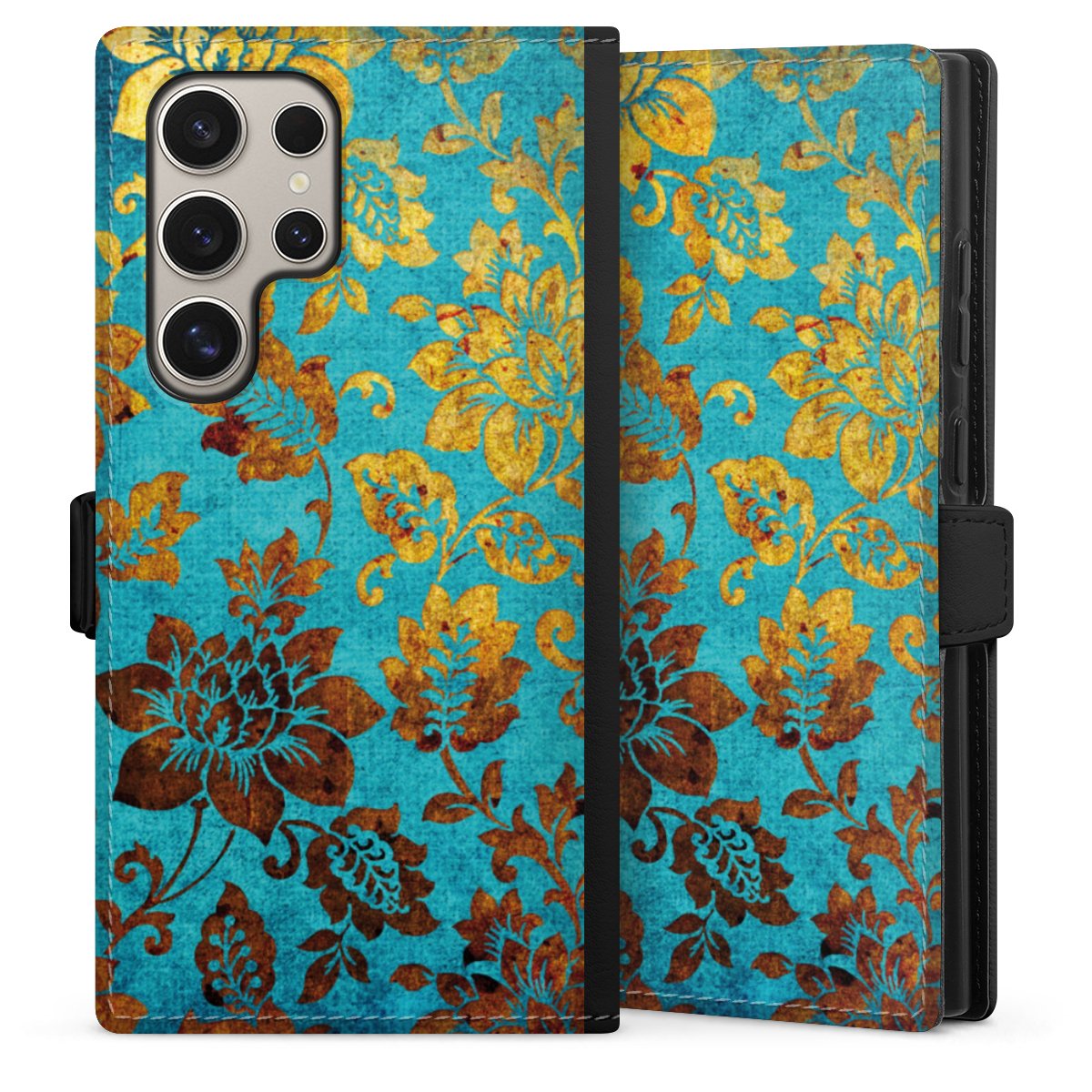 Galaxy S24 Ultra Handy Klapphülle Handyhülle aus Kunst Leder schwarz Flip Case Ornament Vintage Flowers Sideflip mit Lasche