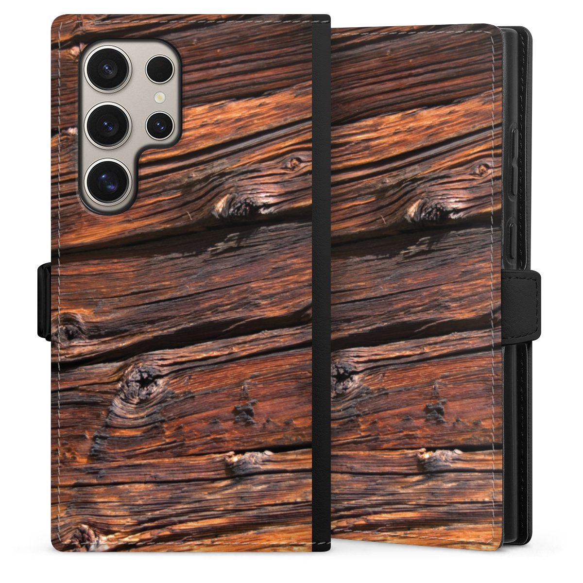 Galaxy S24 Ultra Handy Klapphülle Handyhülle aus Kunst Leder schwarz Flip Case Beams Wooden Look Wood Sideflip mit Lasche