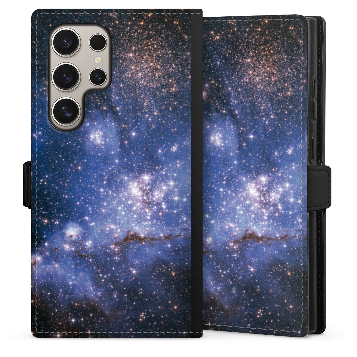 Galaxy S24 Ultra Handy Klapphülle Handyhülle aus Kunst Leder schwarz Flip Case Weltall Galaxy Weltraum Sideflip mit Lasche