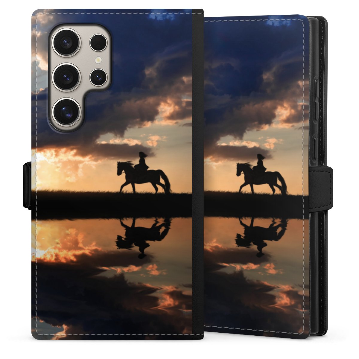 Galaxy S24 Ultra Handy Klapphülle Handyhülle aus Kunst Leder schwarz Flip Case Horse Sunset Horseback Riding Sideflip mit Lasche