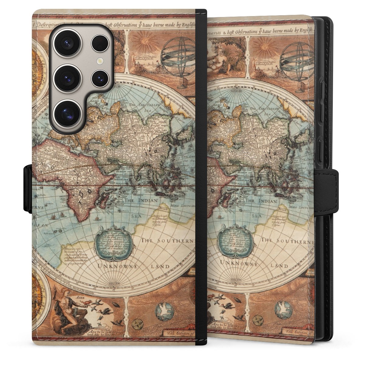 Galaxy S24 Ultra Handy Klapphülle Handyhülle aus Kunst Leder schwarz Flip Case World Map Vintage Map Sideflip mit Lasche