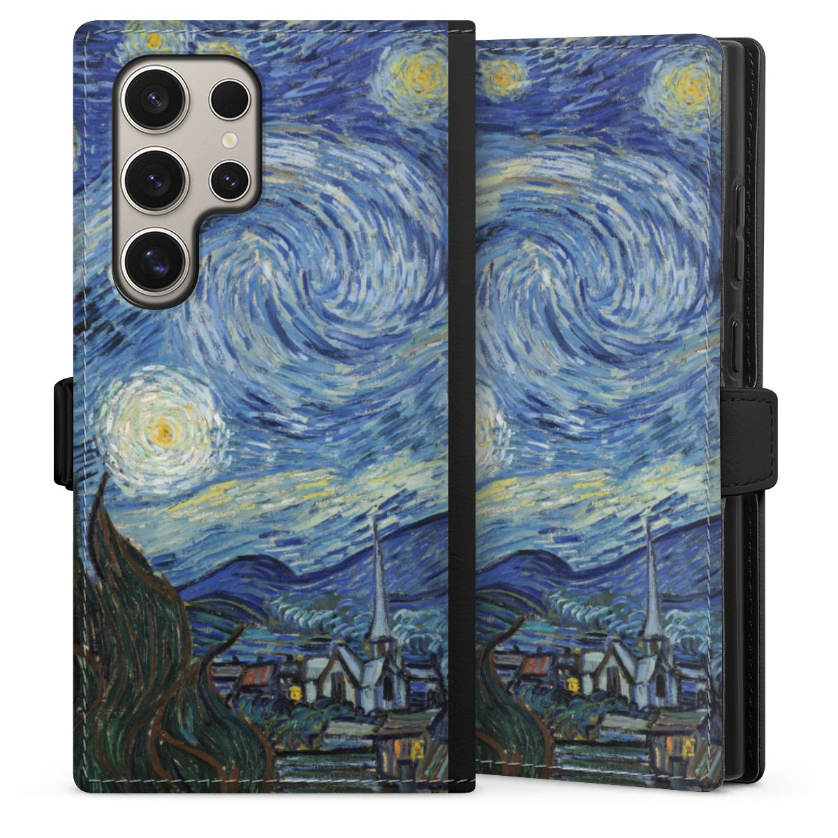 Galaxy S24 Ultra Handy Klapphülle Handyhülle aus Kunst Leder schwarz Flip Case The Starry Night Kunst Vincent Van Gogh Sideflip mit Lasche