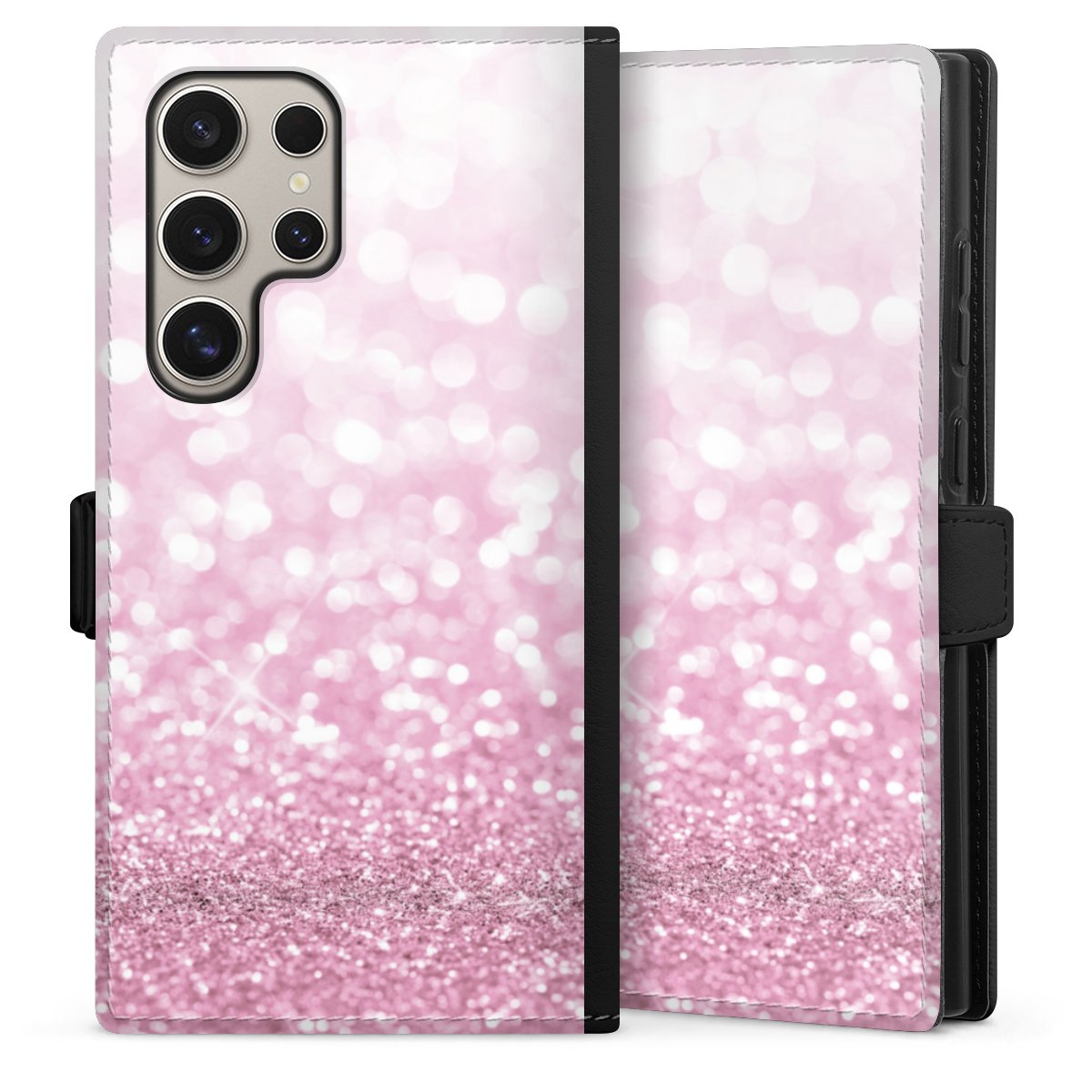 Galaxy S24 Ultra Handy Klapphülle Handyhülle aus Kunst Leder schwarz Flip Case Glitzer Pink Shine Sideflip mit Lasche