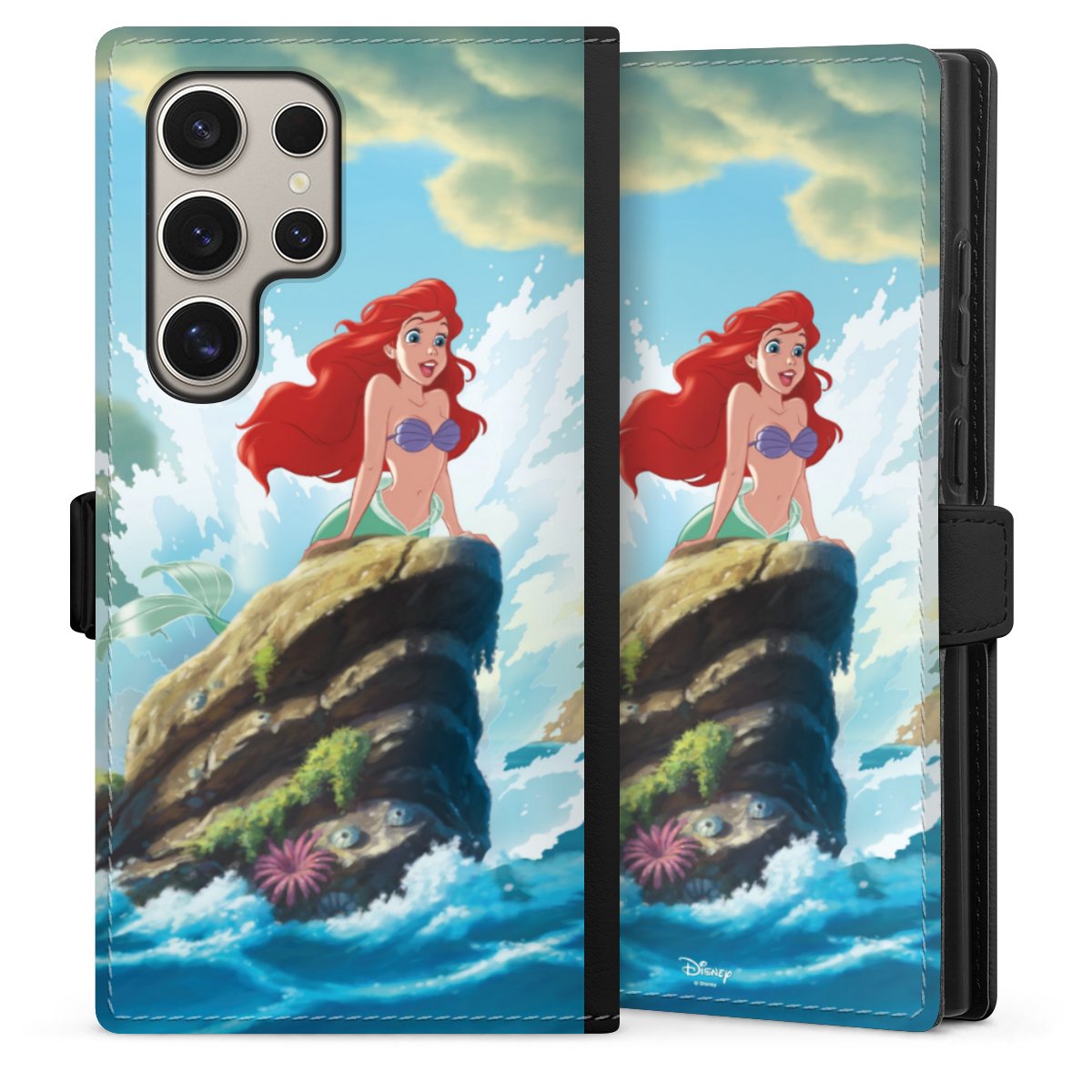 Galaxy S24 Ultra Handy Klapphülle Handyhülle aus Kunst Leder schwarz Flip Case Mermaid Arielle Die Meerjungfrau Official Licensed Product Sideflip mit Lasche