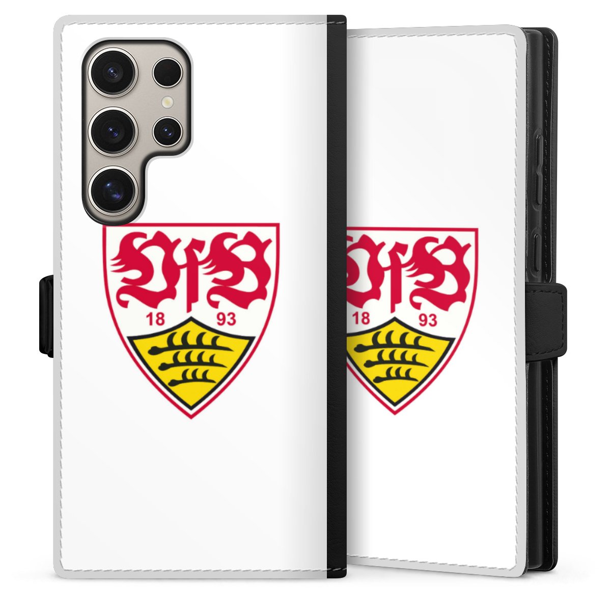 Galaxy S24 Ultra Handy Klapphülle Handyhülle aus Kunst Leder schwarz Flip Case Logo Official Licensed Product Vfb Stuttgart Sideflip mit Lasche