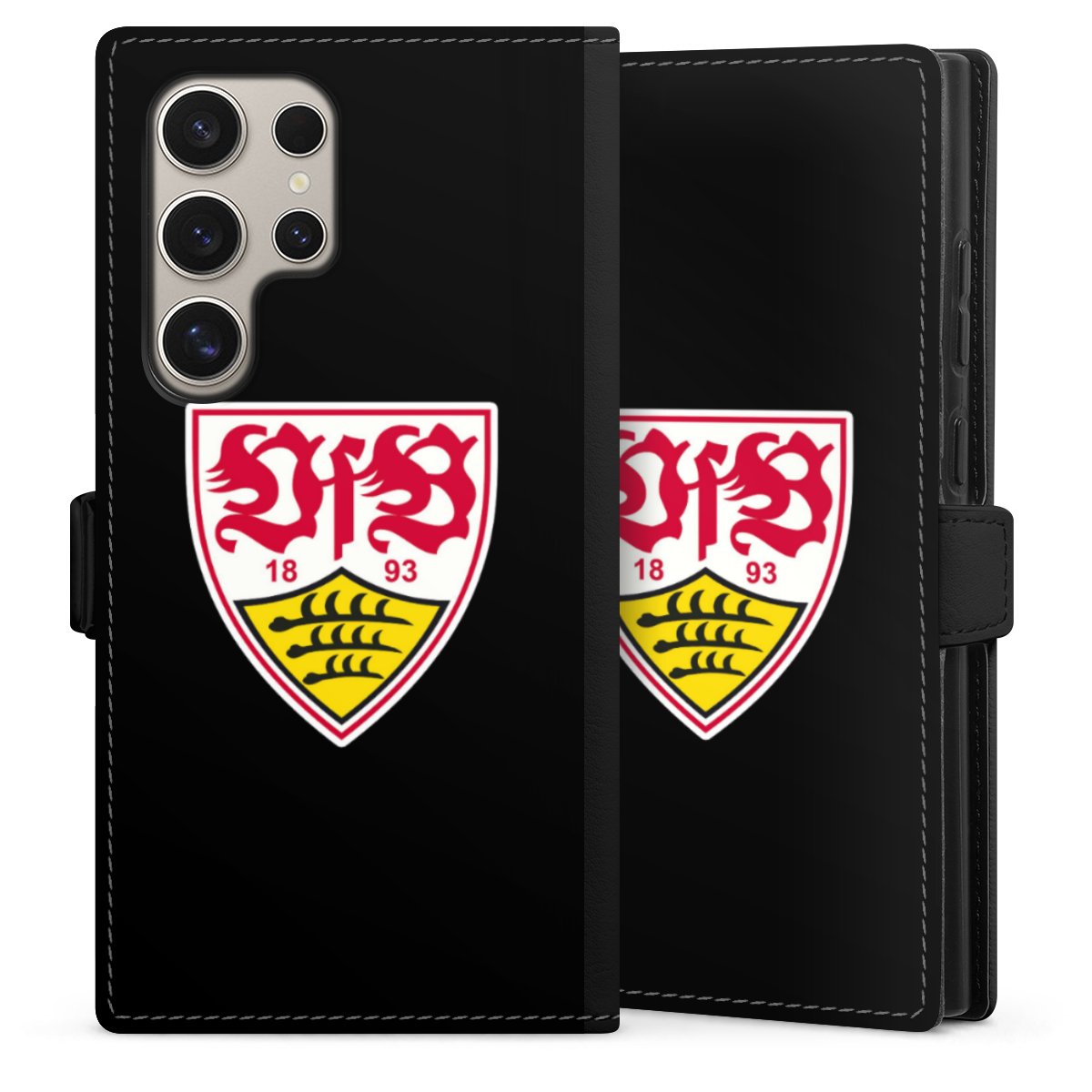 Galaxy S24 Ultra Handy Klapphülle Handyhülle aus Kunst Leder schwarz Flip Case Vfb Stuttgart Official Licensed Product Coat Of Arms Sideflip mit Lasche