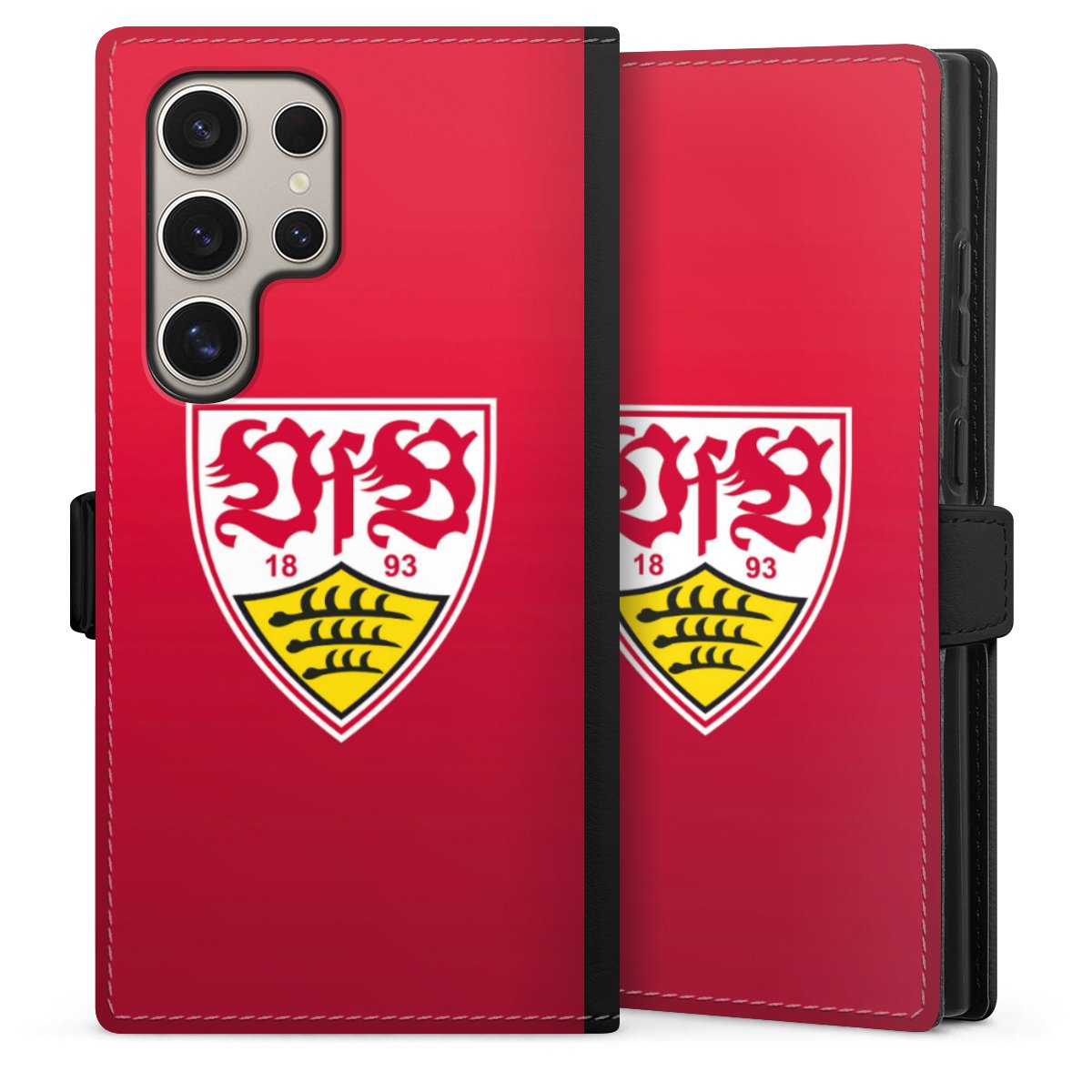 Galaxy S24 Ultra Handy Klapphülle Handyhülle aus Kunst Leder schwarz Flip Case Official Licensed Product Vfb Stuttgart Sideflip mit Lasche