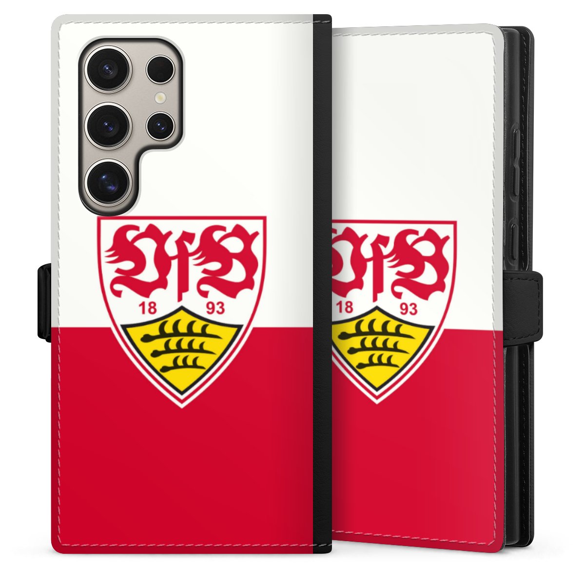 Galaxy S24 Ultra Handy Klapphülle Handyhülle aus Kunst Leder schwarz Flip Case Official Licensed Product Logo Vfb Stuttgart Sideflip mit Lasche