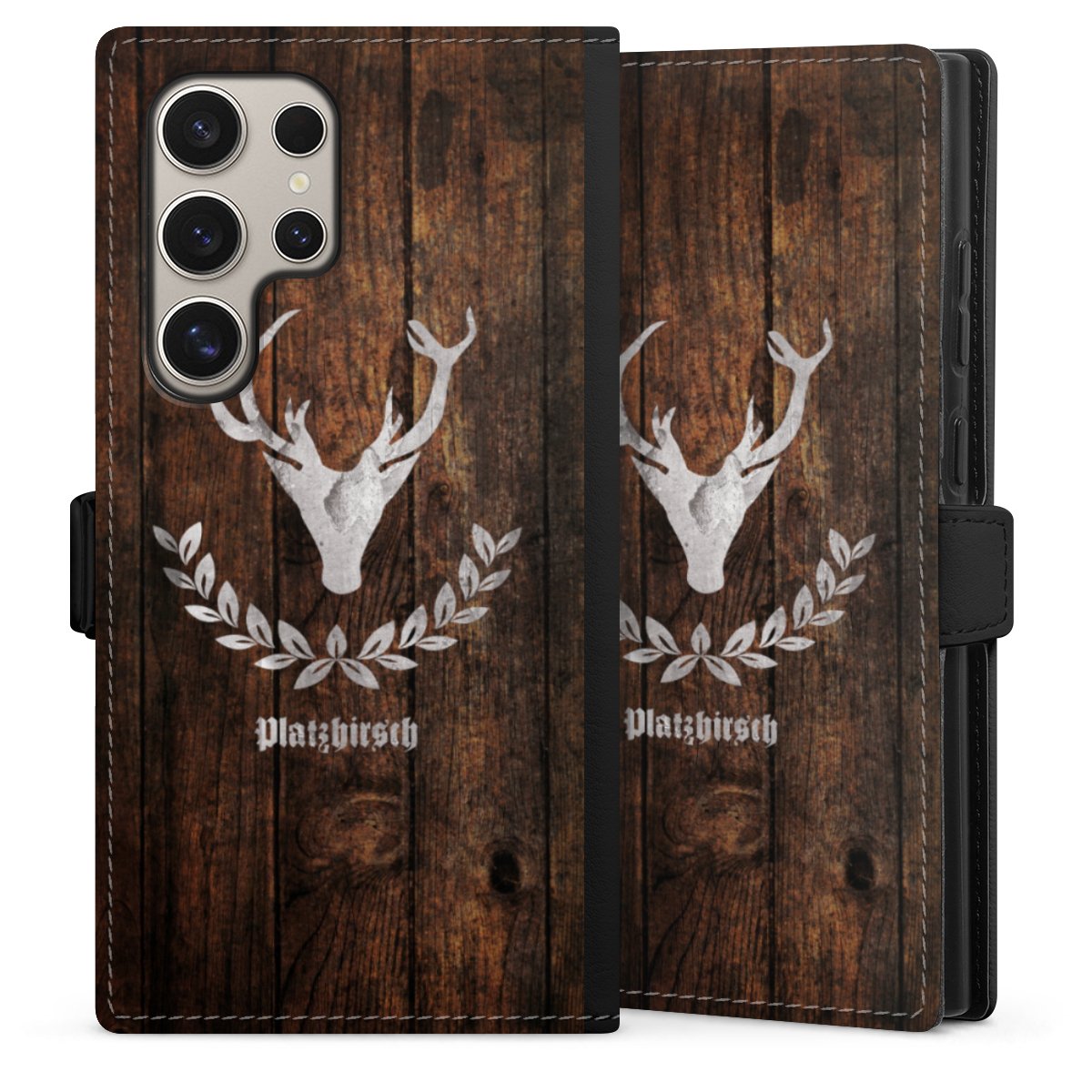 Galaxy S24 Ultra Handy Klapphülle Handyhülle aus Kunst Leder schwarz Flip Case Deer Wood Wooden Look Sideflip mit Lasche