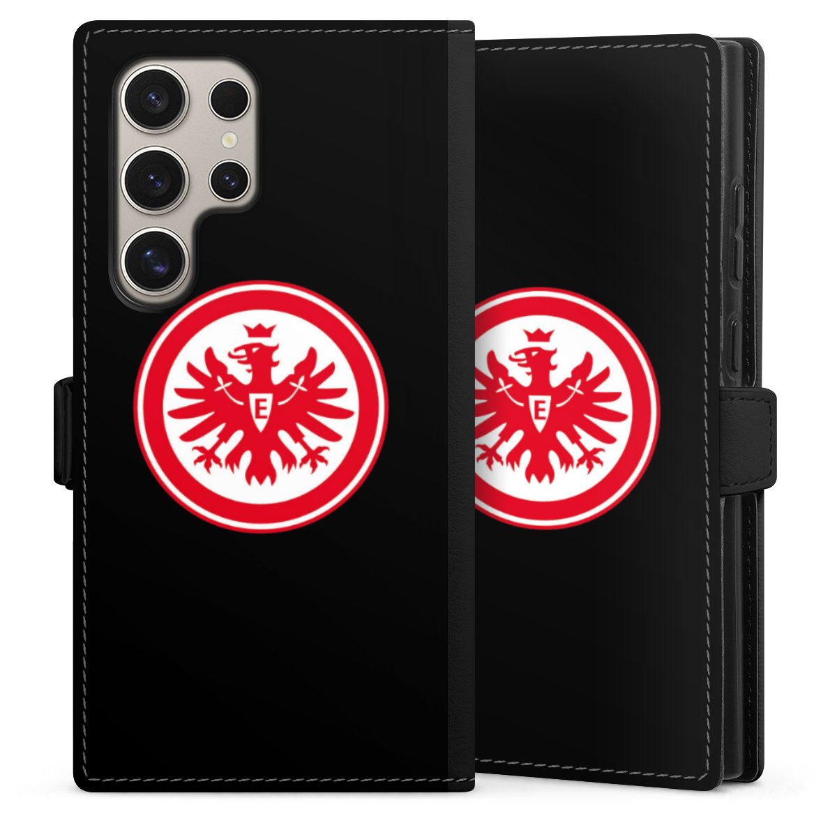 Galaxy S24 Ultra Handy Klapphülle Handyhülle aus Kunst Leder schwarz Flip Case Eintracht Frankfurt Sge Eagle Sideflip mit Lasche