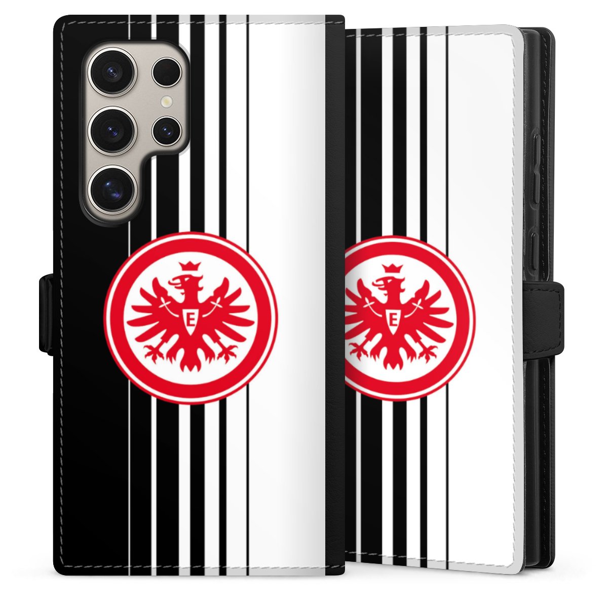 Galaxy S24 Ultra Handy Klapphülle Handyhülle aus Kunst Leder schwarz Flip Case Stripes Eintracht Frankfurt Official Licensed Product Sideflip mit Lasche