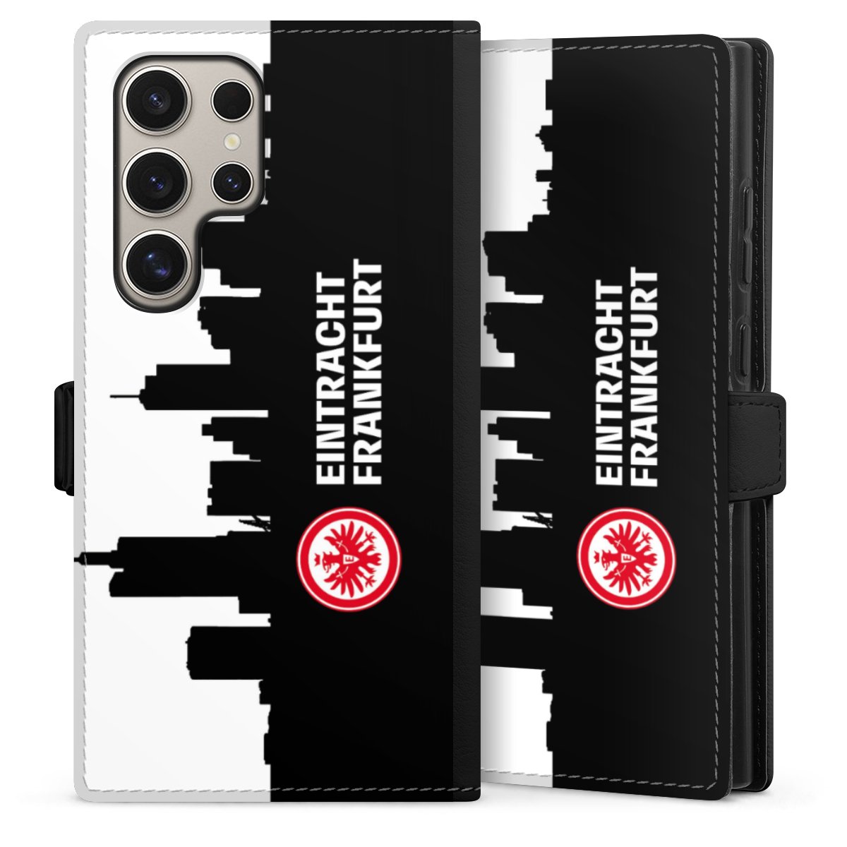 Galaxy S24 Ultra Handy Klapphülle Handyhülle aus Kunst Leder schwarz Flip Case Sge Eintracht Frankfurt Official Licensed Product Sideflip mit Lasche