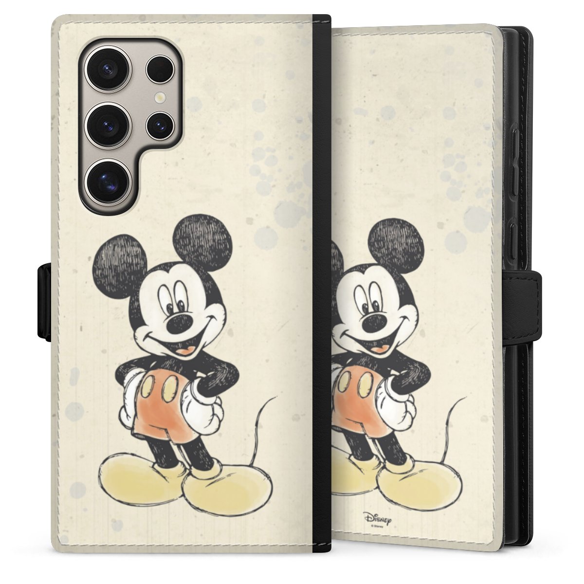 Galaxy S24 Ultra Handy Klapphülle Handyhülle aus Kunst Leder schwarz Flip Case Water Colour Mickey & Minnie Mouse Official Licensed Product Sideflip mit Lasche