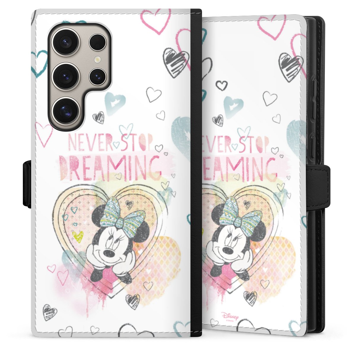 Galaxy S24 Ultra Handy Klapphülle Handyhülle aus Kunst Leder schwarz Flip Case Disney Official Licensed Product Minnie Mouse Sideflip mit Lasche