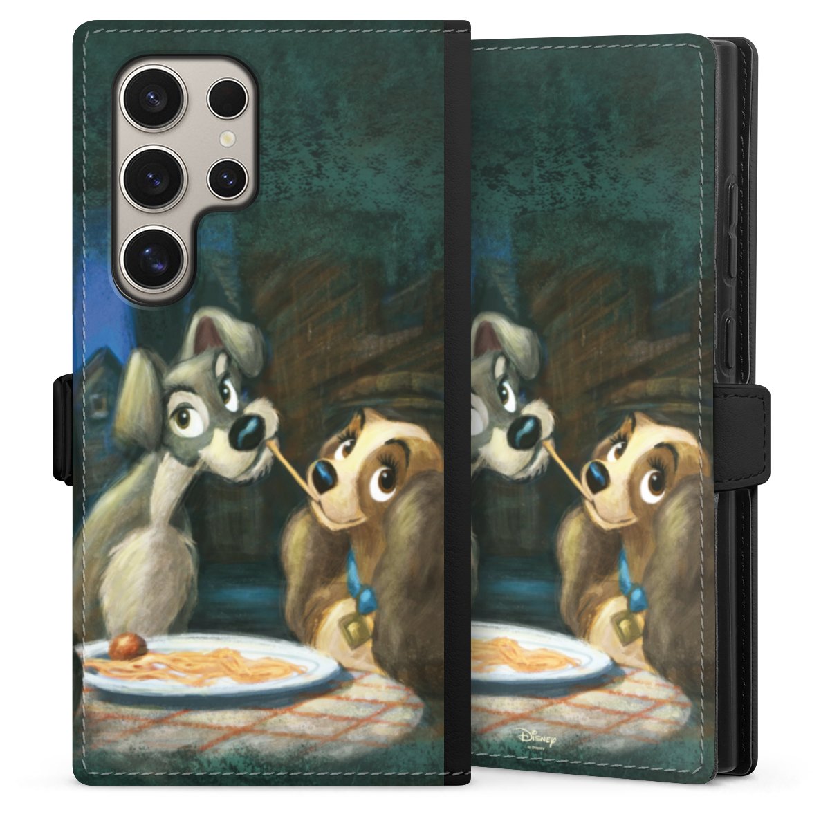 Galaxy S24 Ultra Handy Klapphülle Handyhülle aus Kunst Leder schwarz Flip Case Lady And The Tramp Official Licensed Product Disney Sideflip mit Lasche