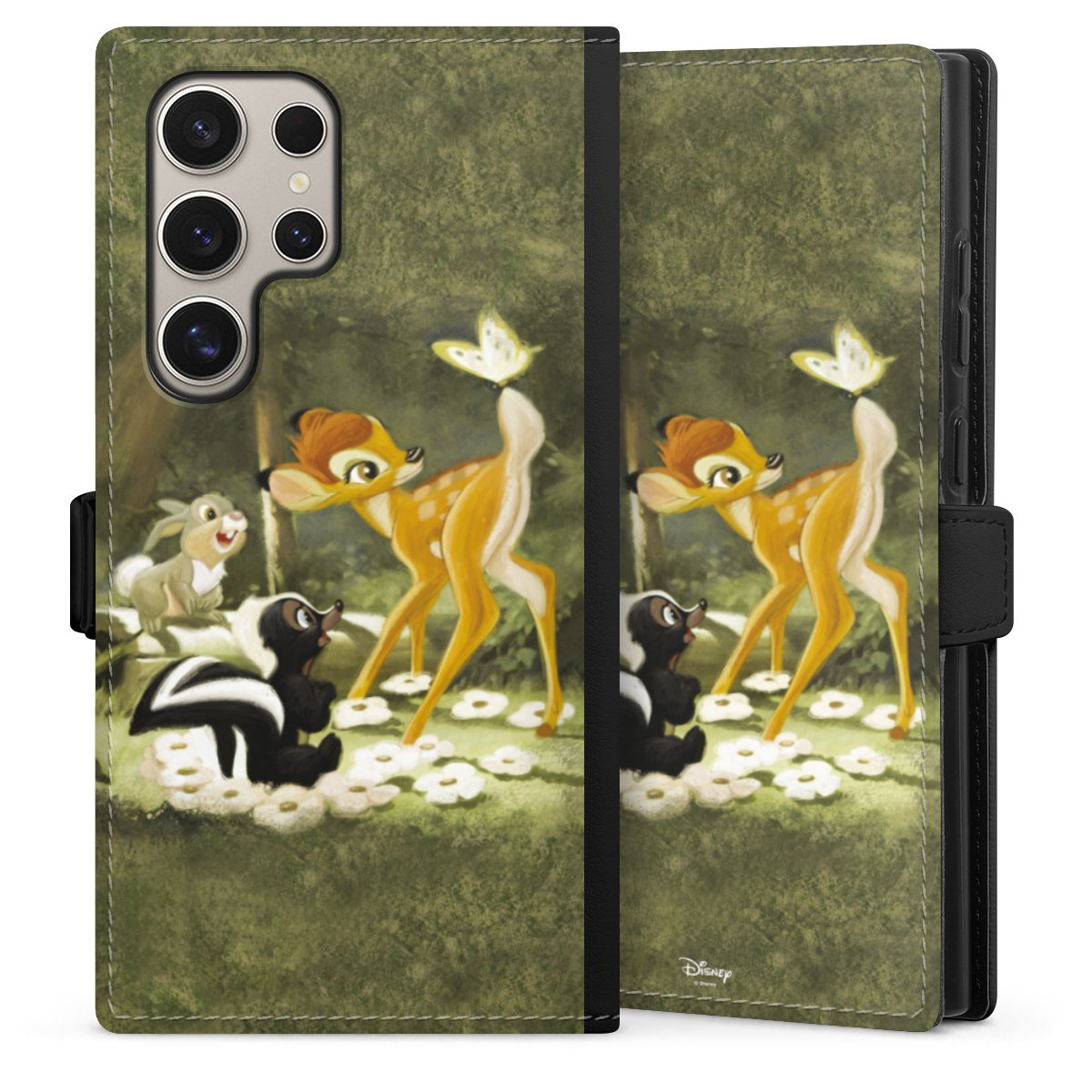 Galaxy S24 Ultra Handy Klapphülle Handyhülle aus Kunst Leder schwarz Flip Case Disney Official Licensed Product Bambi Sideflip mit Lasche